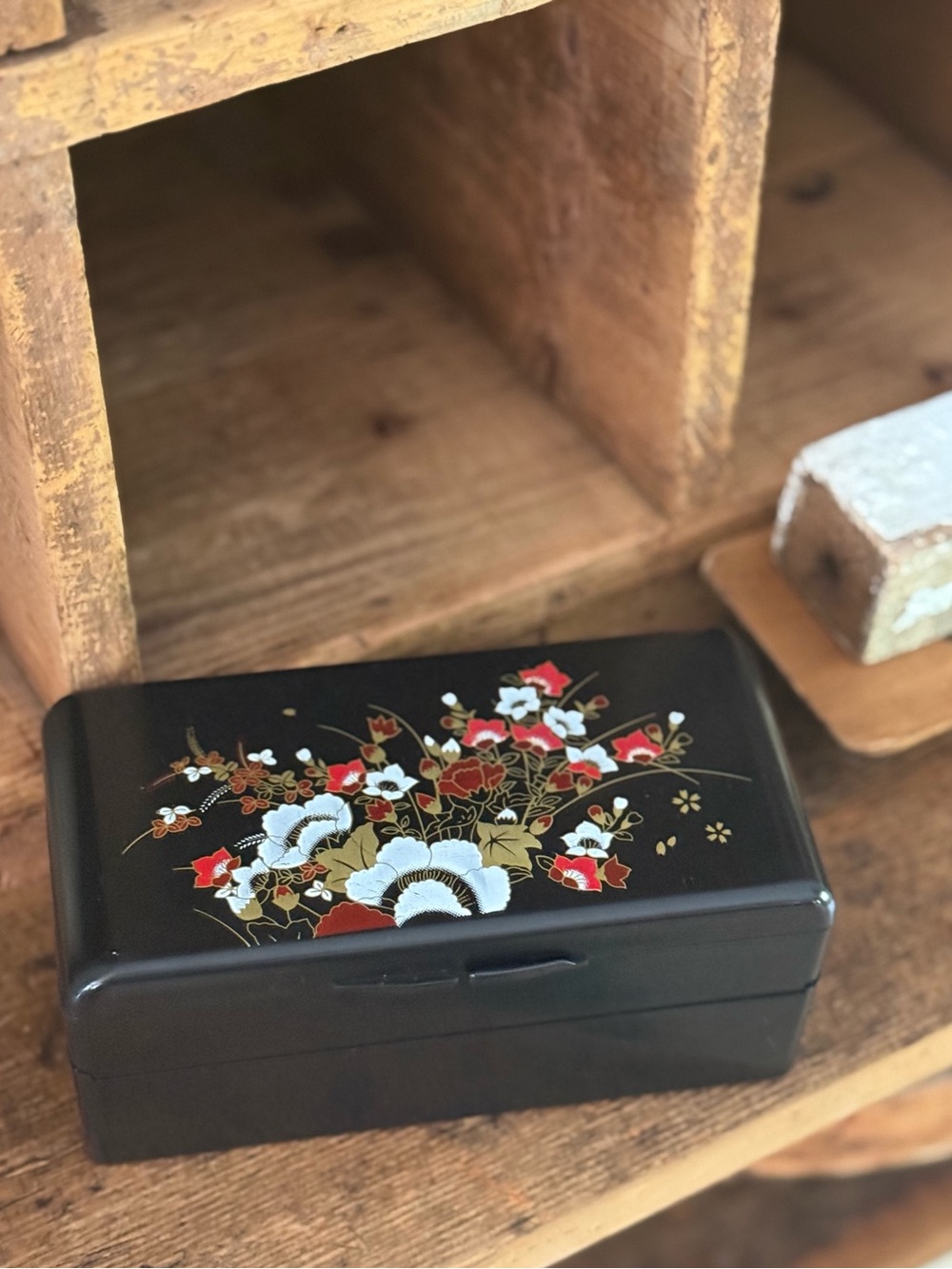 Vintage Asian Black Floral Lacquered Jewelry Box